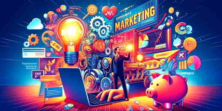 Marketing on a Budget: Cost-Effective Strategies A vibrant illustration showing a small business owner with a creative marketing plan - marketing on a budget