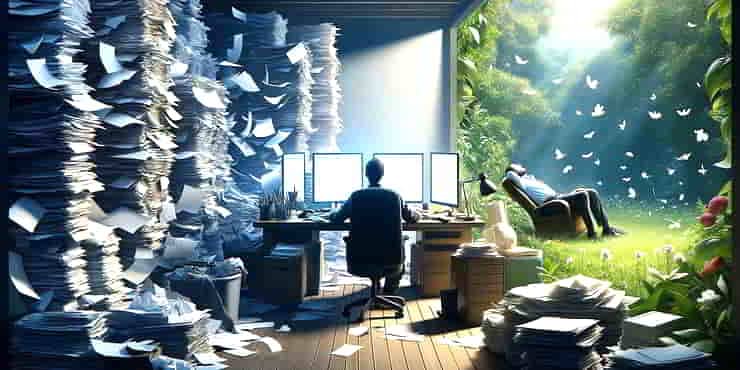 An individual is deeply engrossed in their work at a cluttered desk and outside someone lounges in an armchair - why taking breaks is important