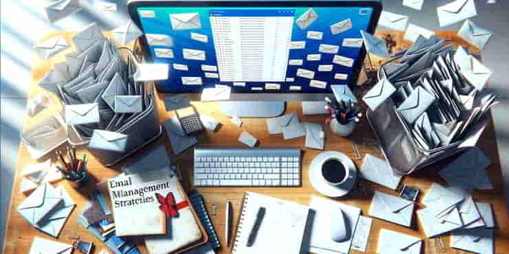 An office desk featuring a computer with an over flowing email inbox on the screen with envelopes pouring out of the screen - email management strategies