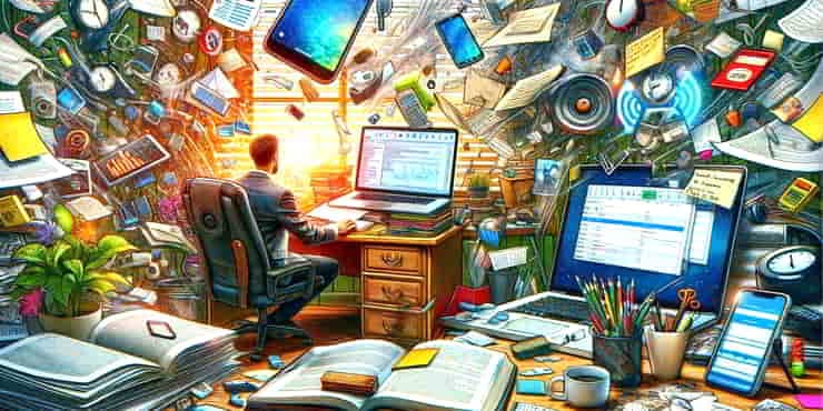 An untidy office full of distractions - how to deal with distractions