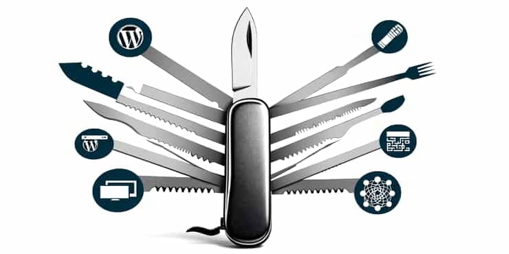 The Freelancers Guide to Building Client Websites with WordPress An image symbolising WordPress as a digital Swiss Army knife embodying versatility and indispensability - Freelancers Guide