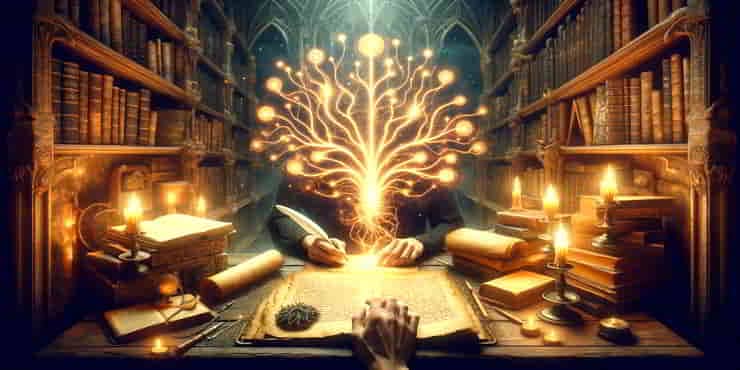 A person sitting at an ancient wooden desk surrounded by reminders of language - change your words change your mindset