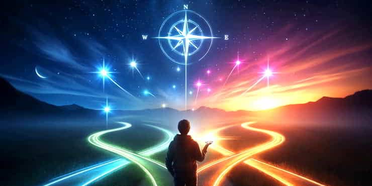 A person stands at the beginning of a path that splits in different directions compass in hand - shape your future