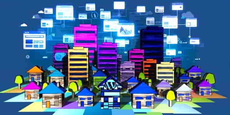 Image shows many different sized buildings representing WordPress websites - creating a professional website with wordpress