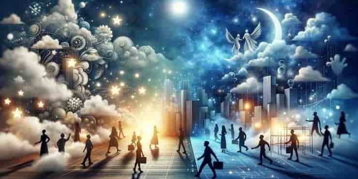 On the left is action and on the right dreams. People moving from right to left - the entrepreneurial spirit