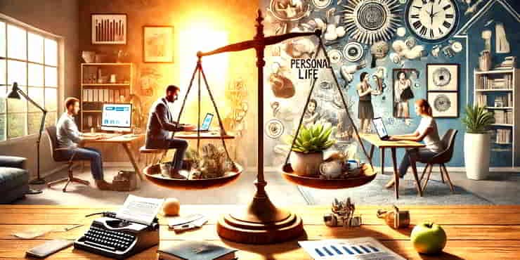 On the left side of a giant balance is a solopreneur working seated at his desk and on the left are symbols of a his personal life - finding harmony in life