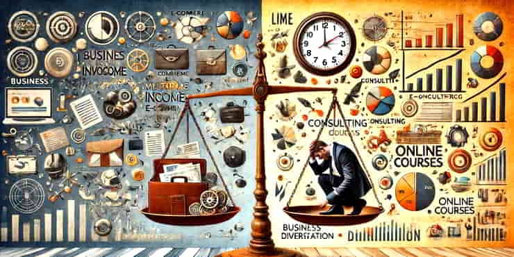The concept of business diversification for solopreneurs showing a solopreneur balancing multiple income sources - expanding your business