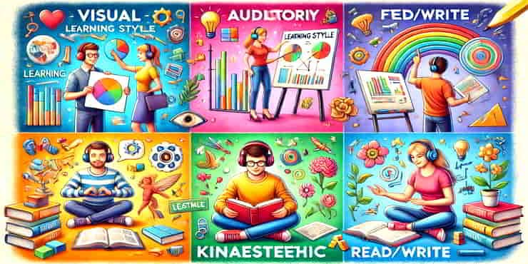 Optimise Learning: Unlock Strategies for the 4 Learning Styles The image is split into 6 sections 4 of which highlight the 4 learning styles