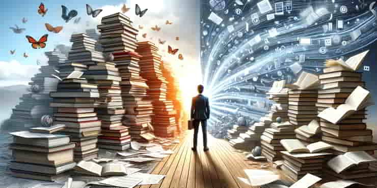 The scene is split - on the left is overwhelm and chaos of too much information - on the right is control through speed reading techniques