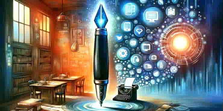 Blogging with WordPress: Crafting Content That Drives Traffic The image depicts a large pen bridging the era of the pen and the digital era - blogging with WordPress