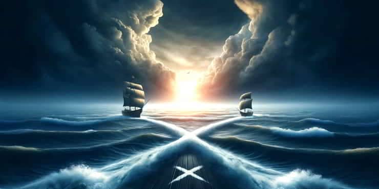 Two wooden ships each facing different directions at a crossing point at sea - science of decision making