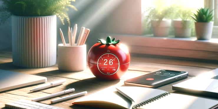 A work desk with tomato shaped timer - improved concentration and focus