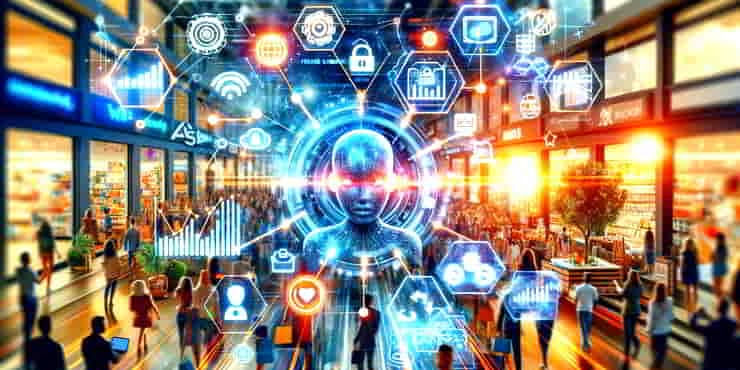 A futuristic image showcasing the latest consumer habits and technologies shaping online business trends
