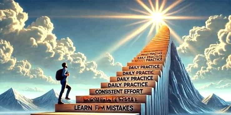 A person at the bottom of an enormous staircase - how to achieve big goals