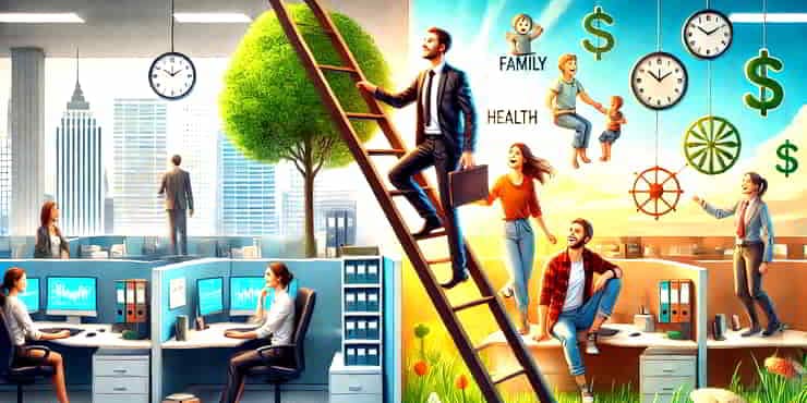 A person in business attire climbing a corporate ladder compared to a balance of work and family life - how to achieve wealth