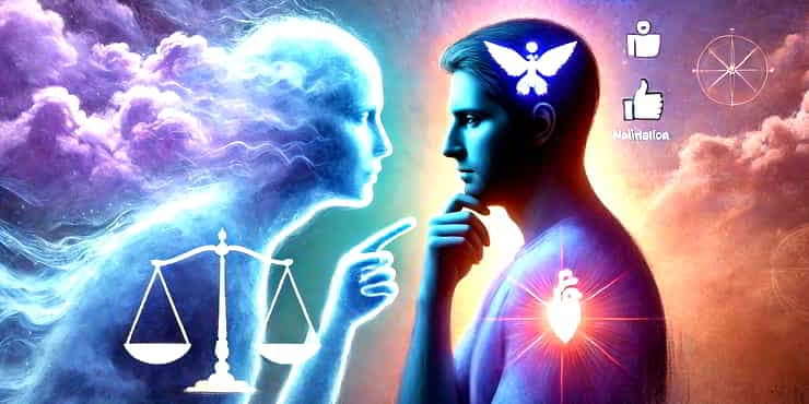 A person in deep thought with an ethereal representation of their ego hovering nearby pointing an accusing finger - what is your ego
