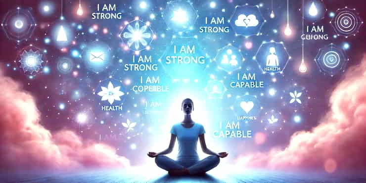 Powers Of Visualisation And Affirmation: A Guide To Benefits And Usage A person sitting in a meditative pose surrounded by floating images representing their goals and dreams for success - visualisation and affirmation