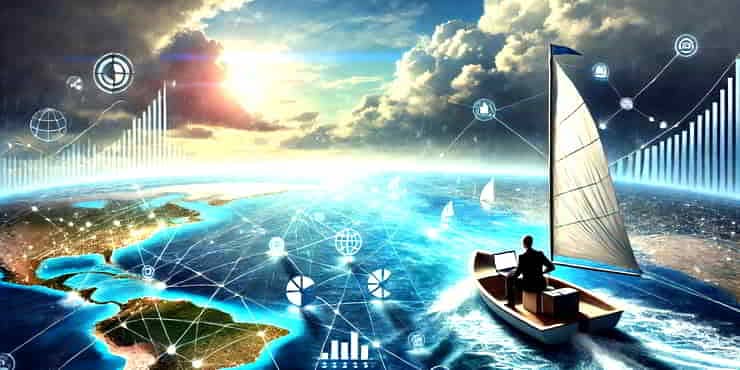 A solopreneur setting sail in a small sailboat on uncharted waters with a laptop and various digital aids - challenges faced by small businesses