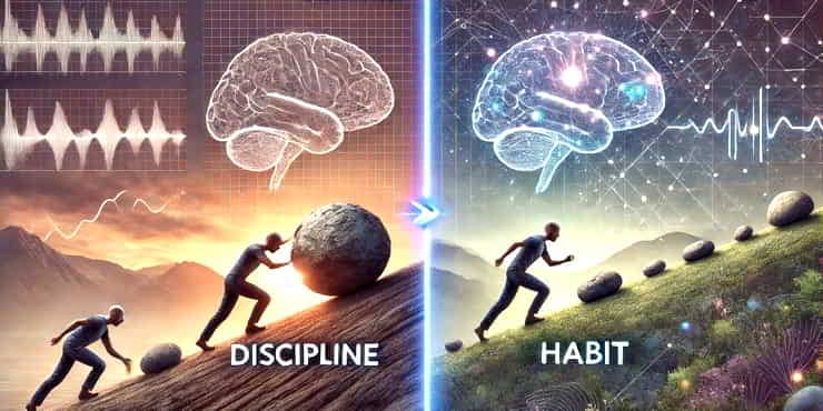 Discipline vs Habit: Exploring The Hidden Power Of Our Mindset One side depicts discipline with a person focused on hard work and the other implies a more comfortable route through habit - discipline vs habit