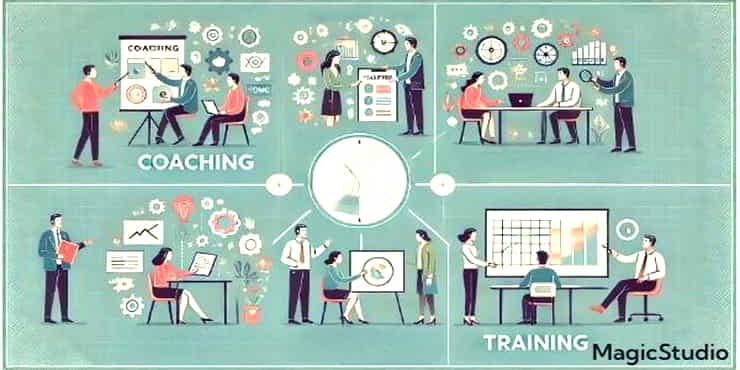 Coaching vs Training: 2 Extremes - Key Differences Explained People each fulfilling one of the following roles_ Coaching Facilitating Mentoring - coaching vs training