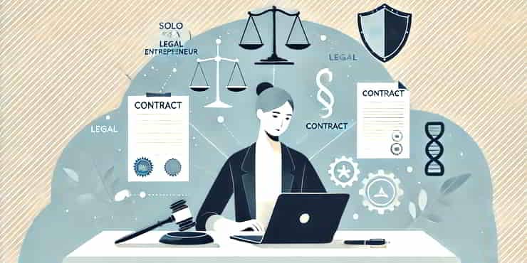 Legal Essentials for Solopreneurs: A Comprehensive Introduction A solo entrepreneur at a desk with a laptop with legal symbols around them - legal essentials