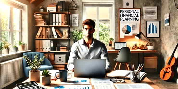Basic Personal Financial Planning for Long-term Success A solopreneur sitting at a desk with a laptop surrounded focusing on basic personal financial planning surrounded by documents charts and a coffee mug