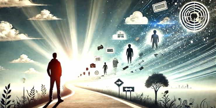 A person stands on a path looking ahead towards the horizon while behind them are floating representations of past achievements setbacks and lessons - let go of the past
