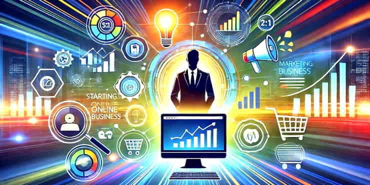 A person starting an online business online surrounded by images of skills needed - skills needed for starting a business online