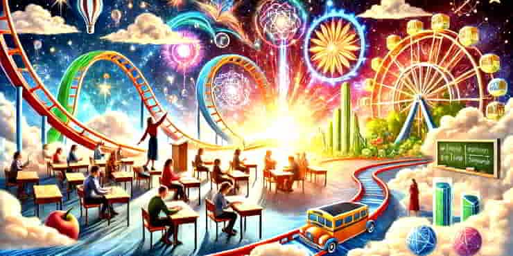 A classroom and a rollercoaster ride. In the background - learning opportunities