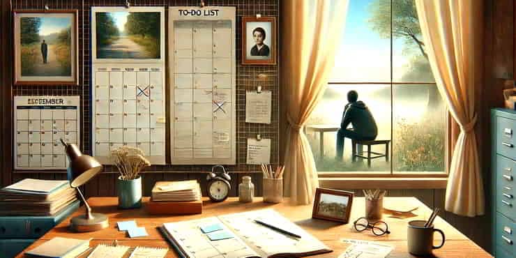 A desk space with a calendar, a to-do list, and personal mementos like a family photo or a framed picture - setting priorities