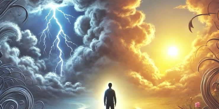How To Control Your Mind From Unwanted Thoughts: Your Power To Choose A person at a crossroads in their mind-one path filled with stormy clouds and lightning and the other leads to sunshine - how to control your mind from unwanted thoughts