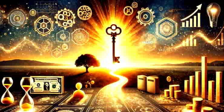8 Timeless Keys To Wealth and Success The path to wealth and success, featuring a glowing key floating above a pathway leading to a horizon filled with golden objects