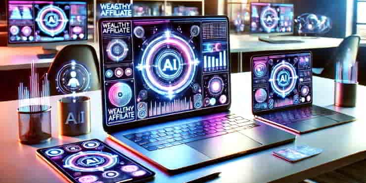 A futuristic and sleek digital workspace designed for website management and content creation - Wealthy Affiliate Hubs