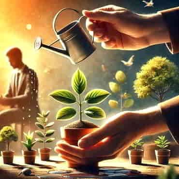 A person tending to a small plant in a pot carefully watering it representing nurturing