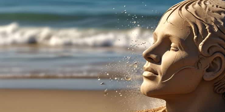 Image of a sandy head showing neurone structure on sandy beach with gentle waves - neuroscience of gratitude