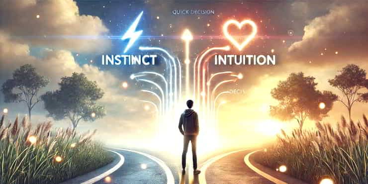 A person stands at a crossroads of two paths diverging paths the left path called instinct and the right called intuition - instinct and intuition