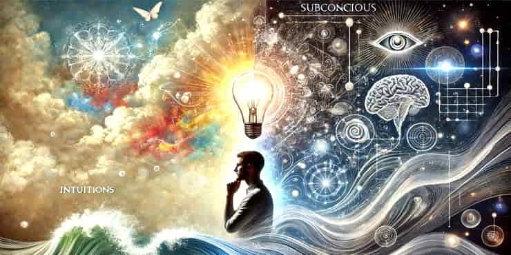 On the left side a person is shown having a sudden flash of insight on the right the subconscious mind - intuition and the subconscious mind