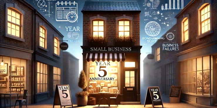 A small storefront with a Year 5 Anniversary sign in its window - small business survival