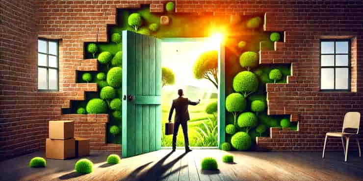 A person opening a door in a brick wall revealing a lush green landscape - customer complaints