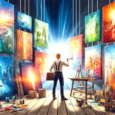 A an artist painting on multiple canvases in a bright, modern studio each canvas is another opportunity
