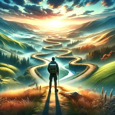 Addressing Challenges: Practical Fixes for Solopreneur Hurdles A lone figure stands at the beginning of a journey that meanders towards the horizon with a few dead-ends included