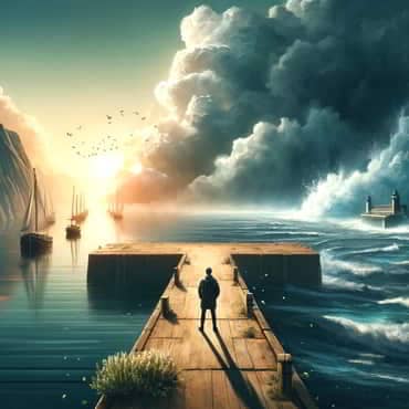 A man stands on the harbor wall with calm waters on the left, symbolizing safety, and on the other side a stormy ocean