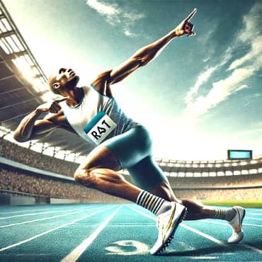8 Key Elements Of A Winning Business Plan For An Online Venture A sprinter imitating Usain Bolt's iconic winning stance pointing towards the sky with one arm extended