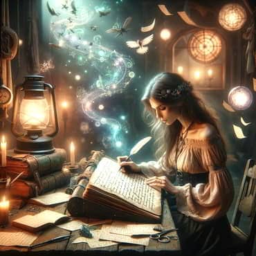 Set Smarter Goals: Go Beyond SMART for Real Progress A woman seated at a wooden desk writing a magical story in a large notebook
