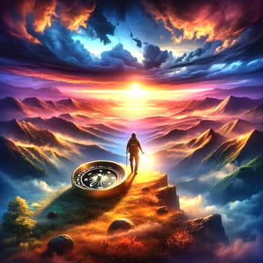 Addressing Challenges: Practical Fixes for Solopreneur Hurdles An individual stands at the edge of an uncharted landscape holding a compass in their hand