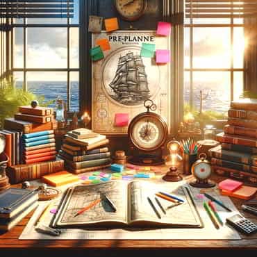 An office desk with trappings of pre-planning a voyage on charts