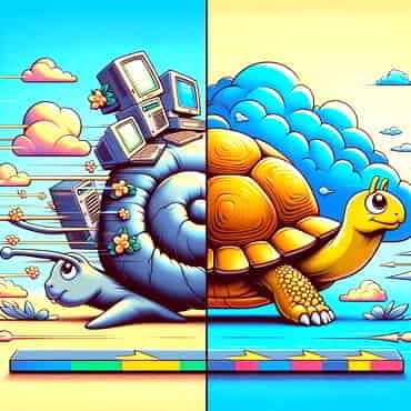 30 Common WordPress Errors: Quick Fixes for Beginners An amusing scene with a burdened snail on the left and a faster unburdened tortoise on the right