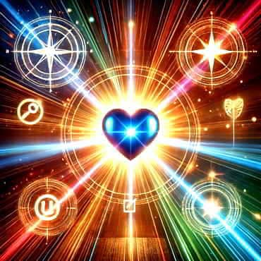 How To Write a Vision and Mission for personal and business success A glowing heart surrounded by aspects of the power of vision and mission
