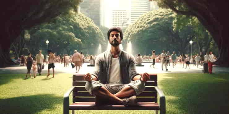 Mindful Reflection: The Key to Personal Insight and Growth A man practicing mindful reflection sitting cross-legged on a bench in a park - mindful reflection