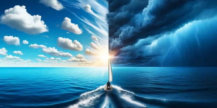 Strategies for Resilience and Recovery: Handling Life's Storms A person alone on a sailboat - the left half sunny day with calm blue waters and the right shows a storm brewing - resilience and recovery
